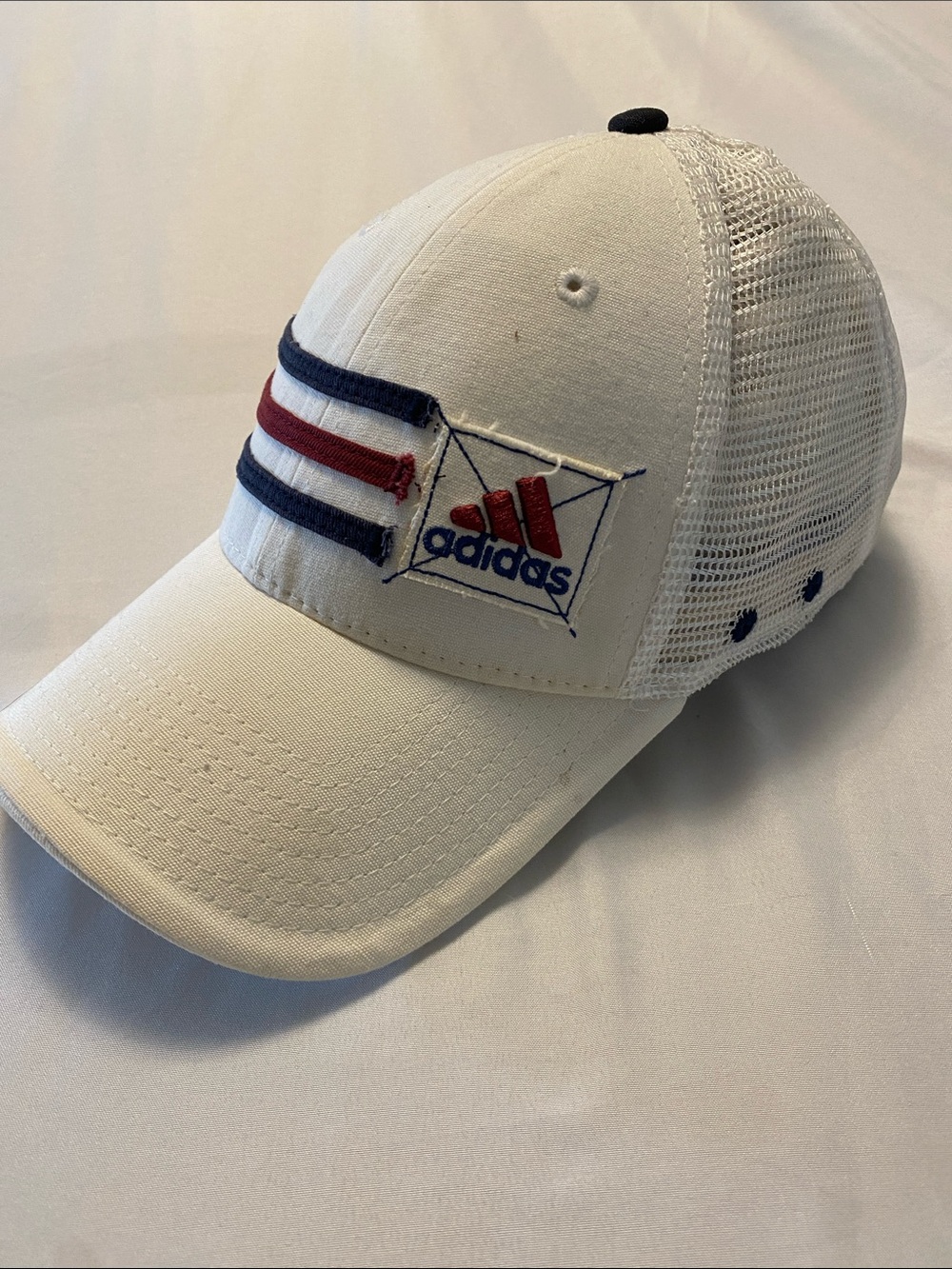 adidas White Trucker Cap with Red & Navy Stripe Detail